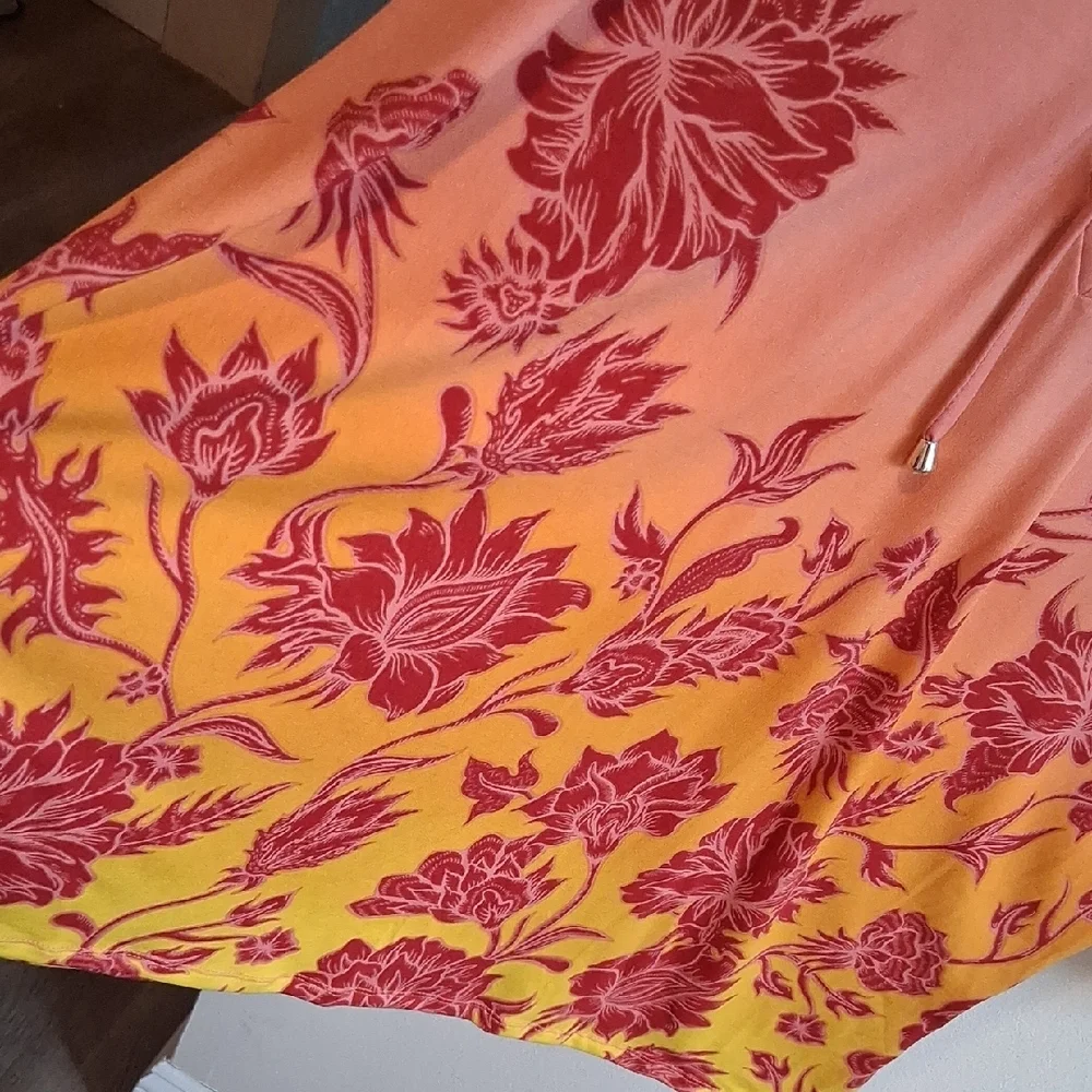 J.m. Collection  Coral to Yellow Floral Lace-Up Tunic - Picture 4 of 5